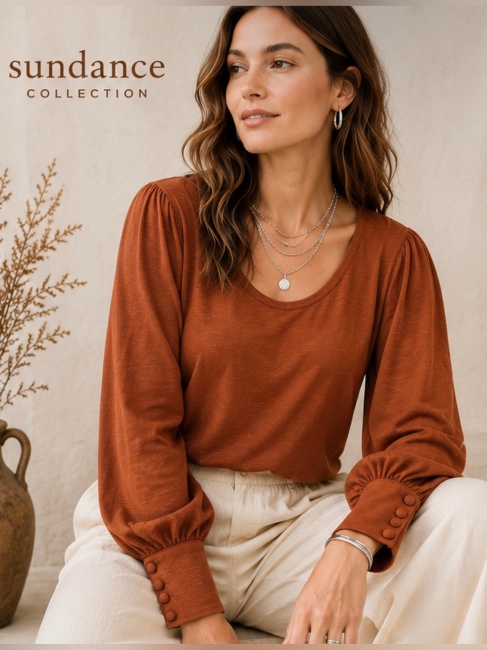 Sundance Long‎ Sleeve Button Cuff Blouse Burnt Orange Lyocell Cotton XL Boho